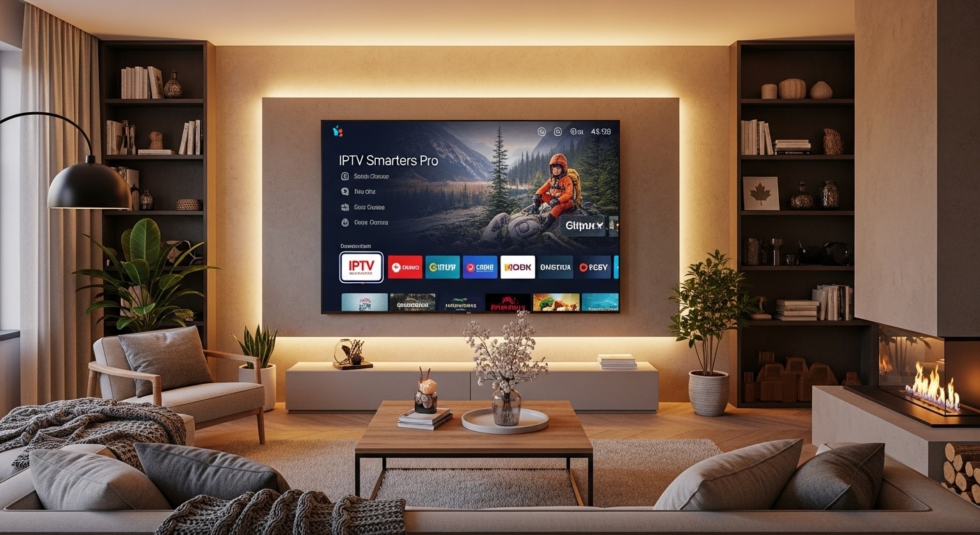 Interface IPTV Smarters Pro sur Smart TV moderne au Canada avec menu 4K