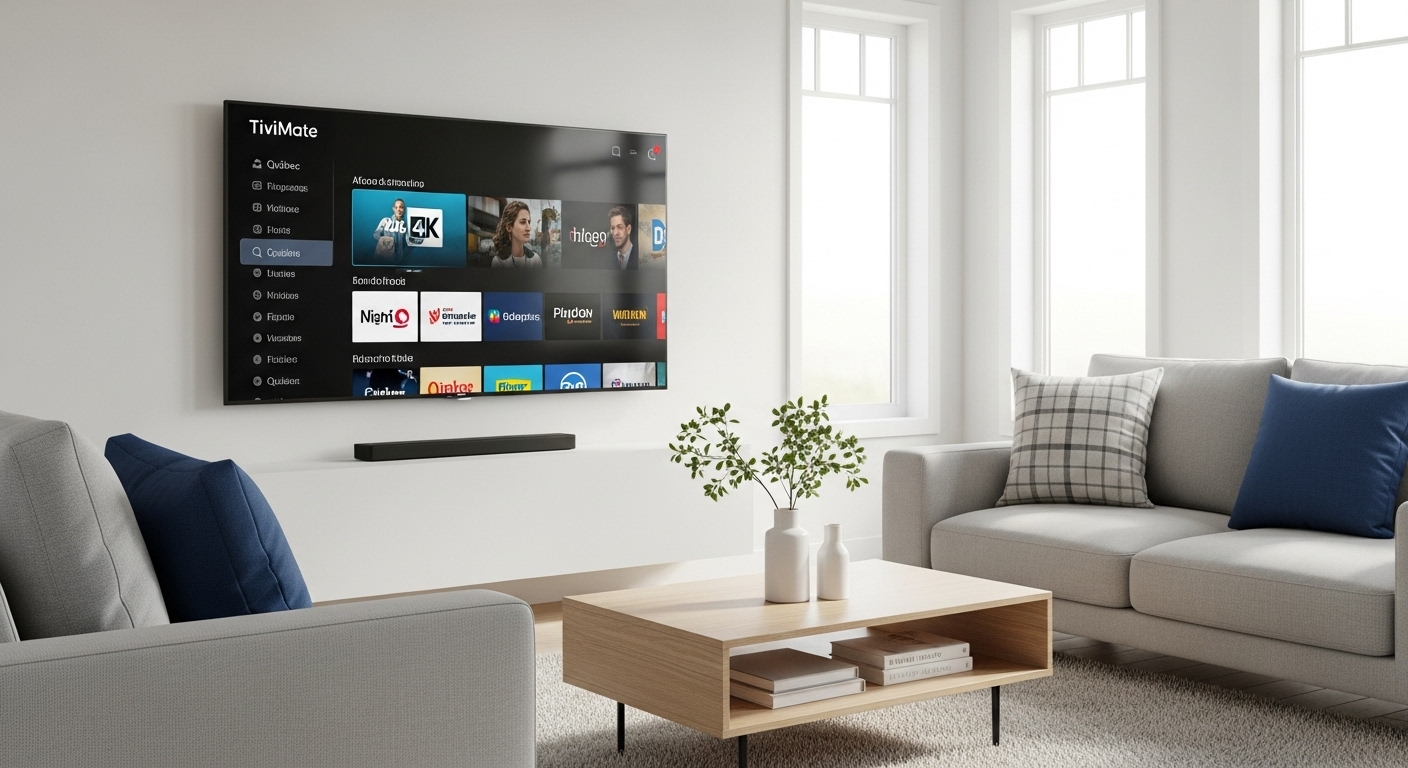 TiviMate interface sur Smart TV moderne au Canada montrant un guide IPTV en 4K