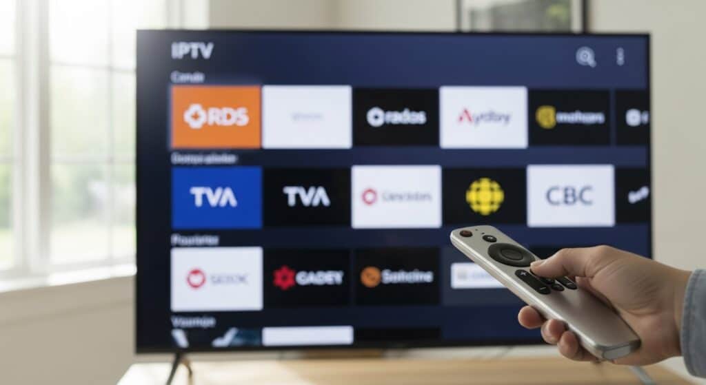 Smart TV setup showing IPTV from Canada interface with Quebec channels