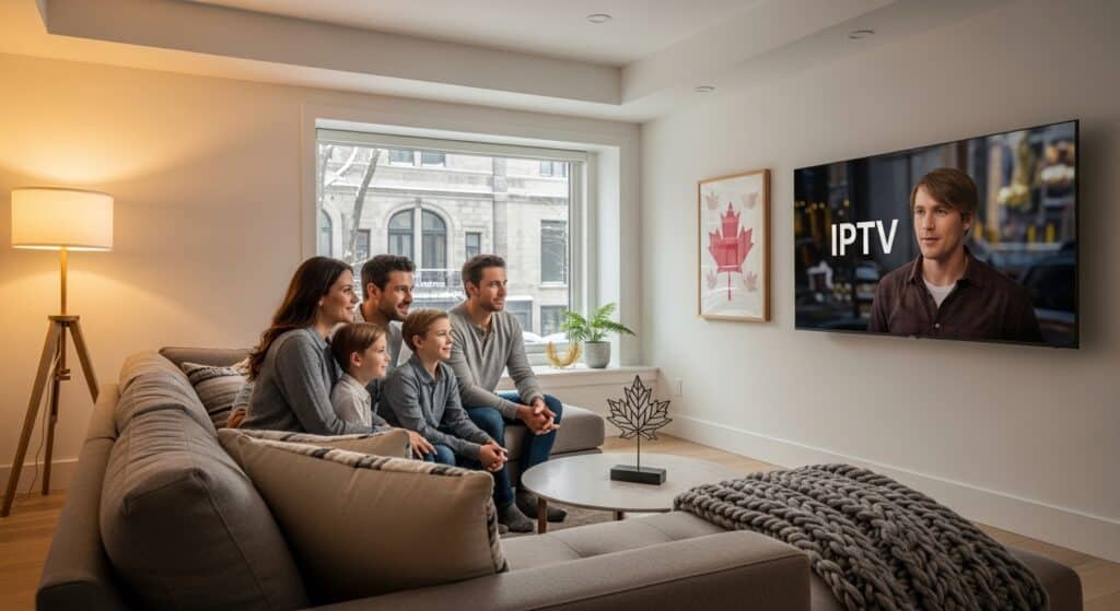 Family enjoying IPTV from Canada on a 4K Smart TV in a modern Montreal living room