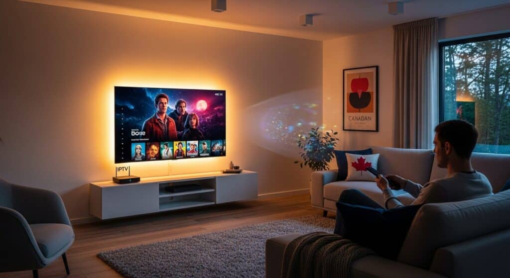Configuration moderne d’un IPTV avec boîtier dans un salon canadien avec télé 4K et éclairage LED.