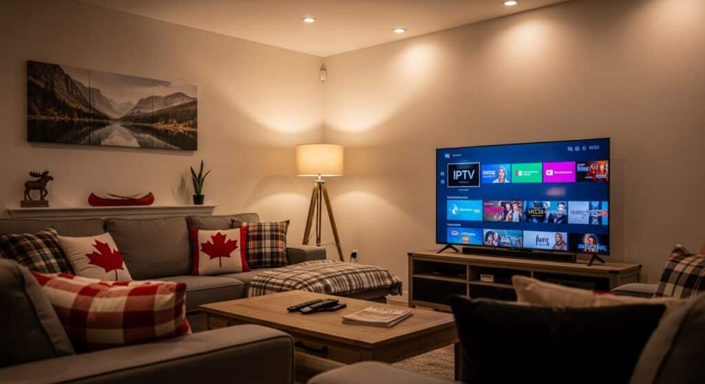 expérience IPTV Brampton sur télé 4K dans un salon canadien moderne